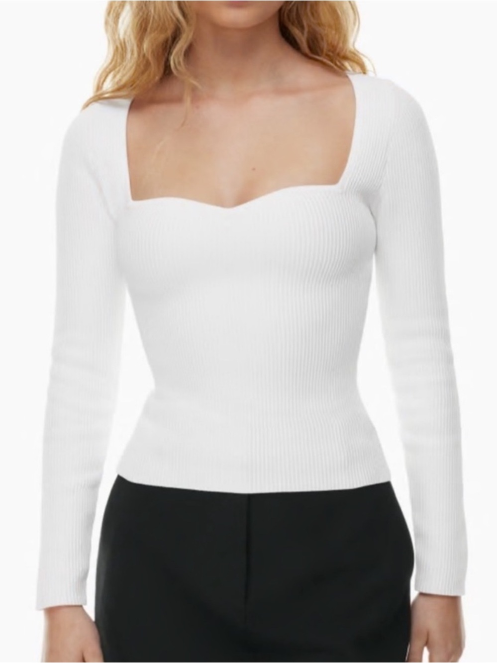 Aritzia Babaton Sculpt Knit Sweetheart Longsleeve White Ribbed Sweater Top Large